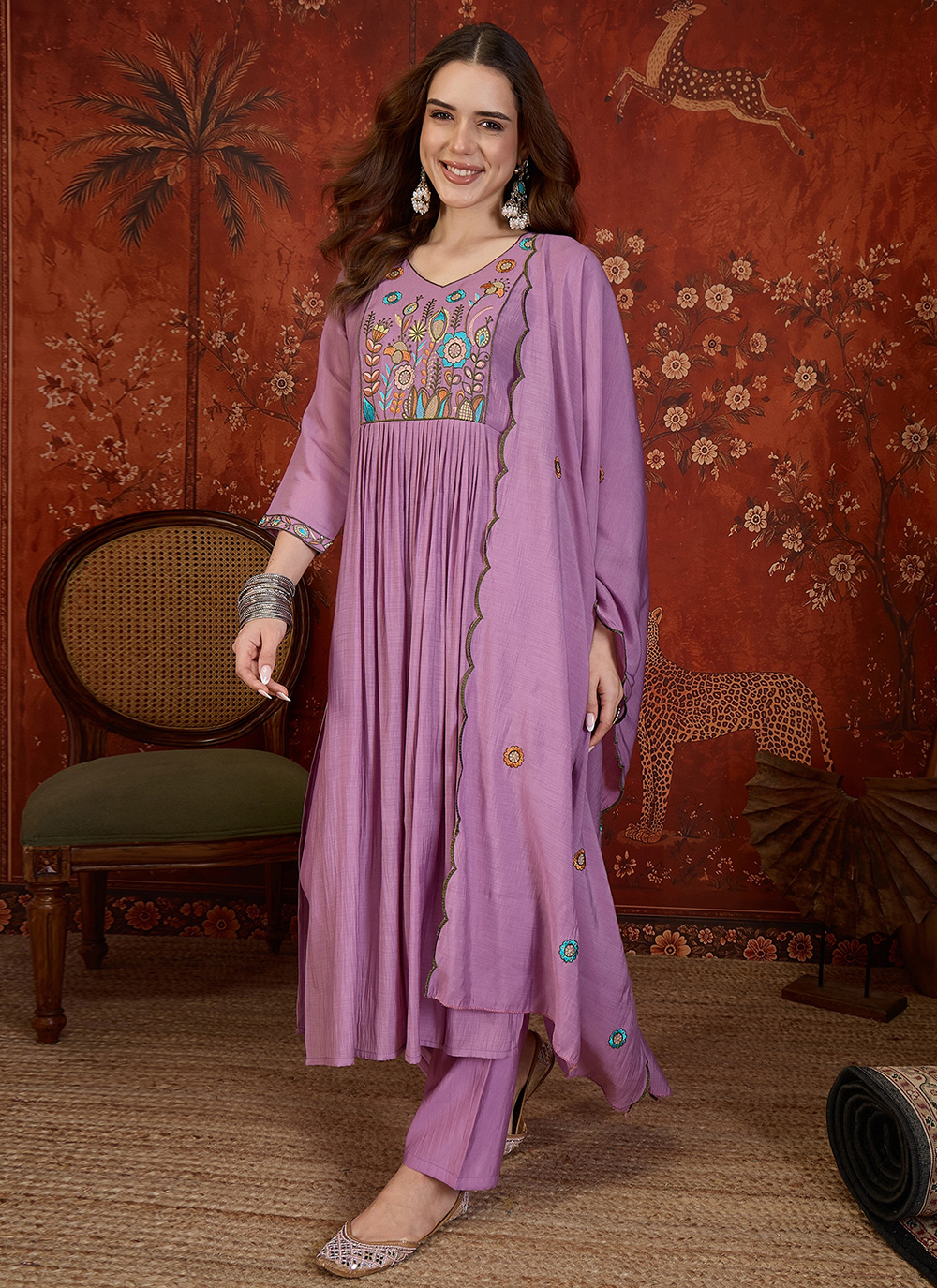 Lavender Embroidered Cotton Pant Style Suit - Buy Online