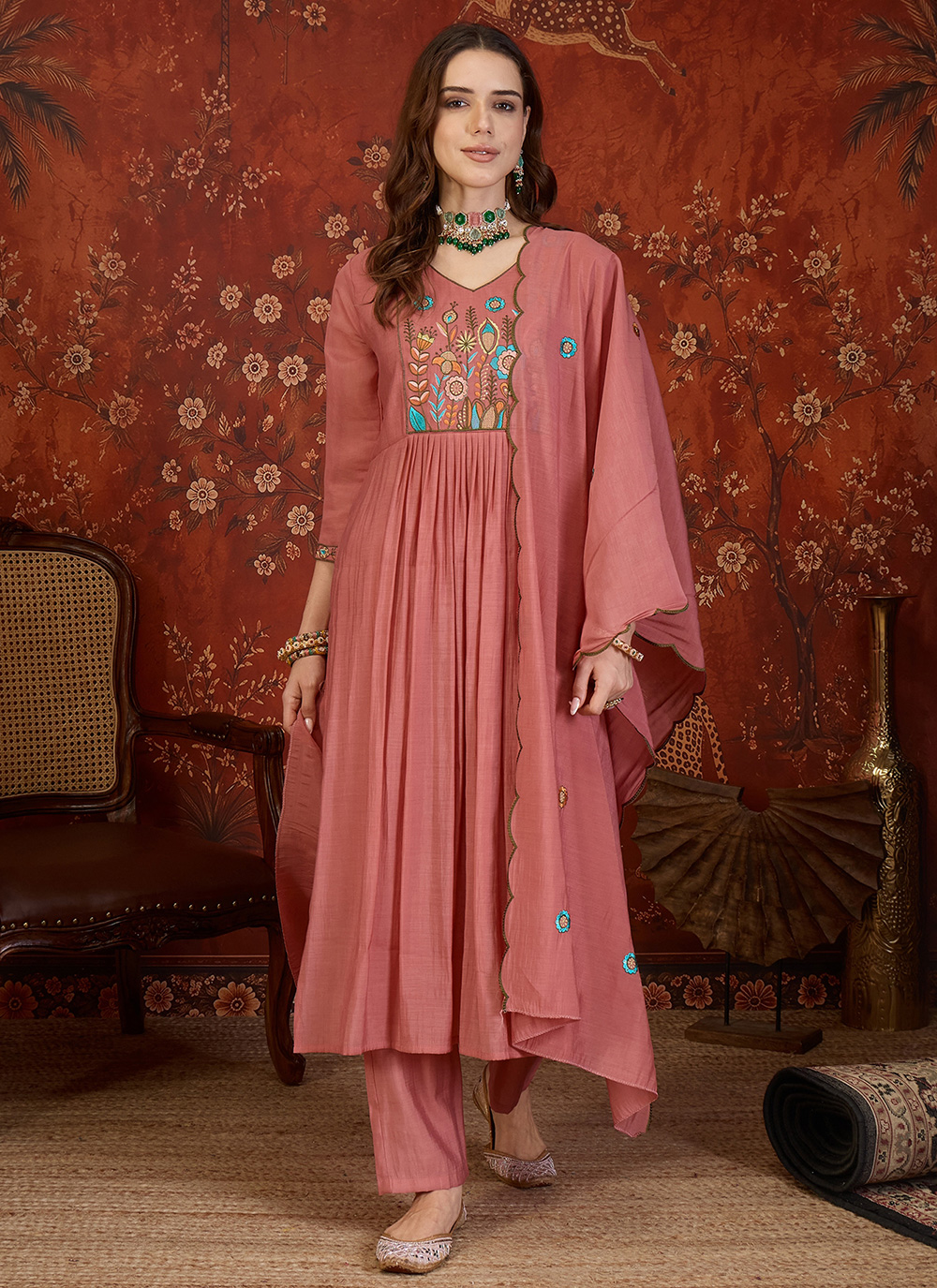 Embroidered Pink Cotton Readymade Festival Salwar Kameez - Buy Online