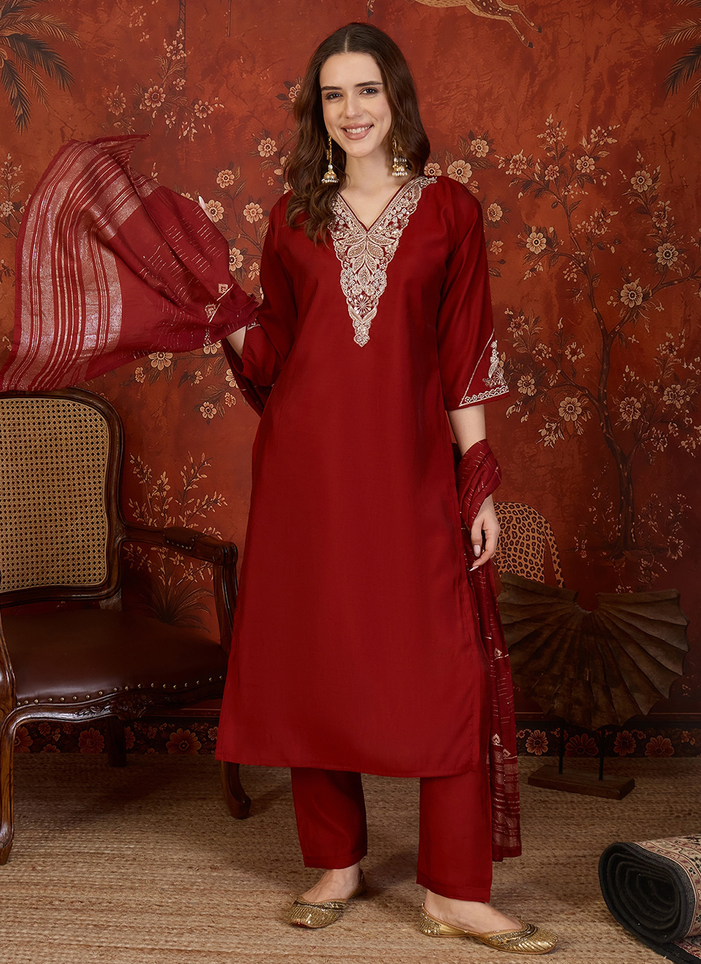 Silk Embroidered Maroon Salwar Kameez for Festival  - Buy Online