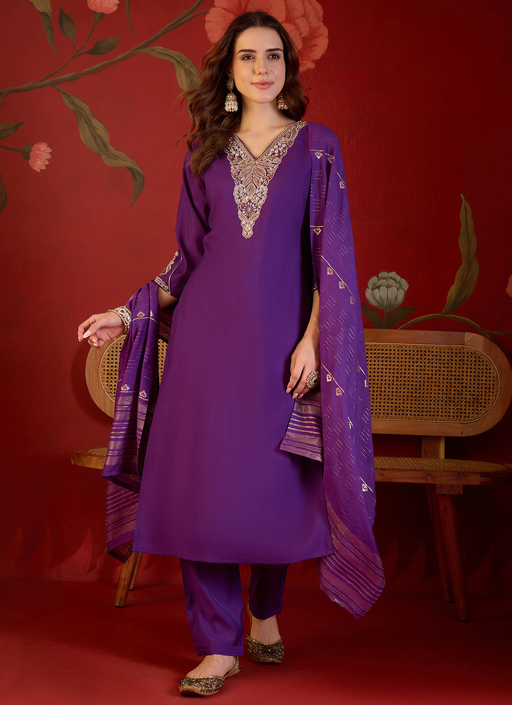 Embroidered Silk Violet Pant Style Suit - Buy Online