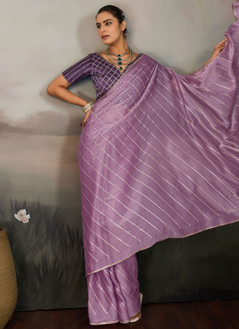 Lavender Sequins Embroidered Chiffon Trendy Saree - Buy Online