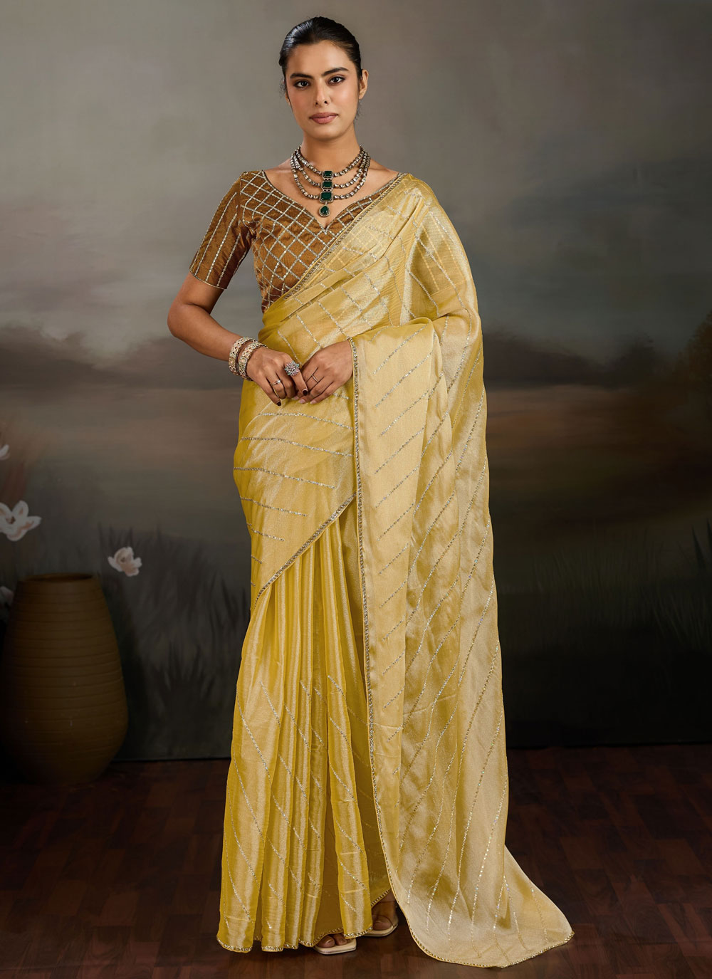 Chiffon Sequins Embroidered Yellow Saree for Festival - Buy Online