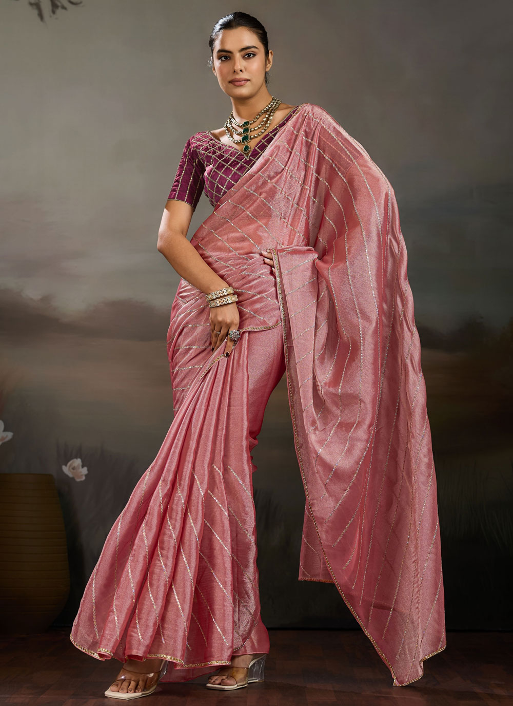 Pink Moss Chiffon Embroidered Party Wear Saree - Buy Online