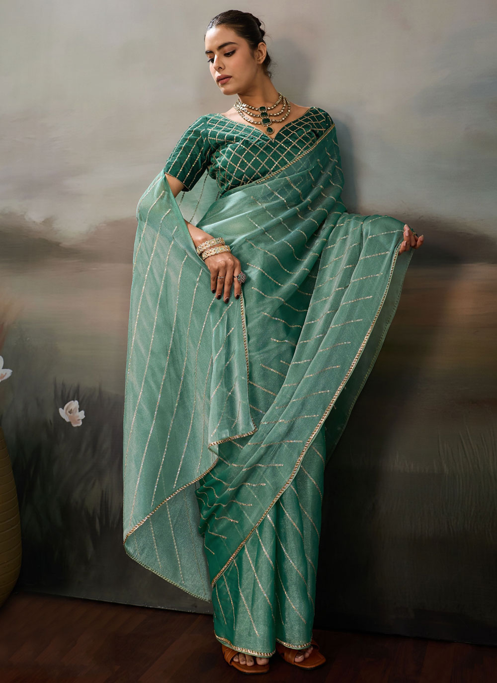 Moss Chiffon Sea Green Sequins Embroidered Classic Saree - Buy Online