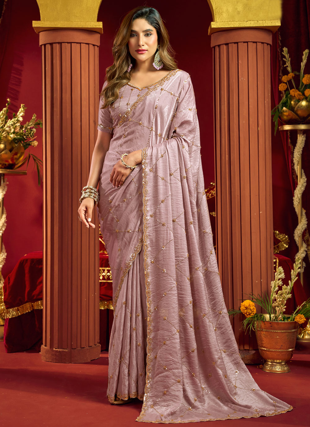 Pink Velvet Beads Sequins Work Trendy Saree - Buy Online