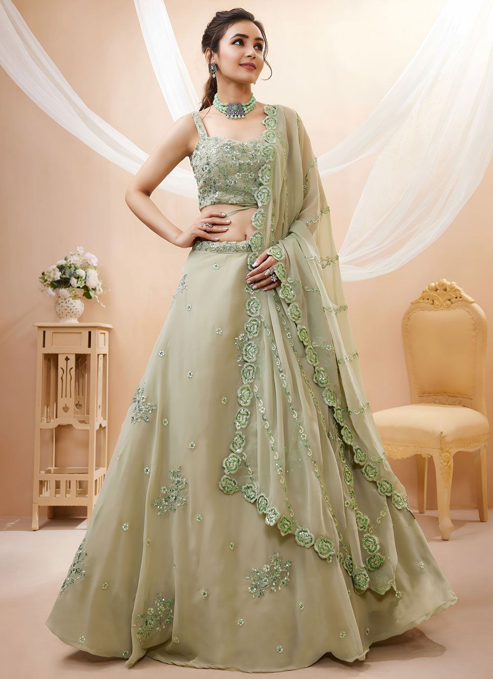 Green Sequins Zari Work Georgette Lehenga Choli - Buy Online