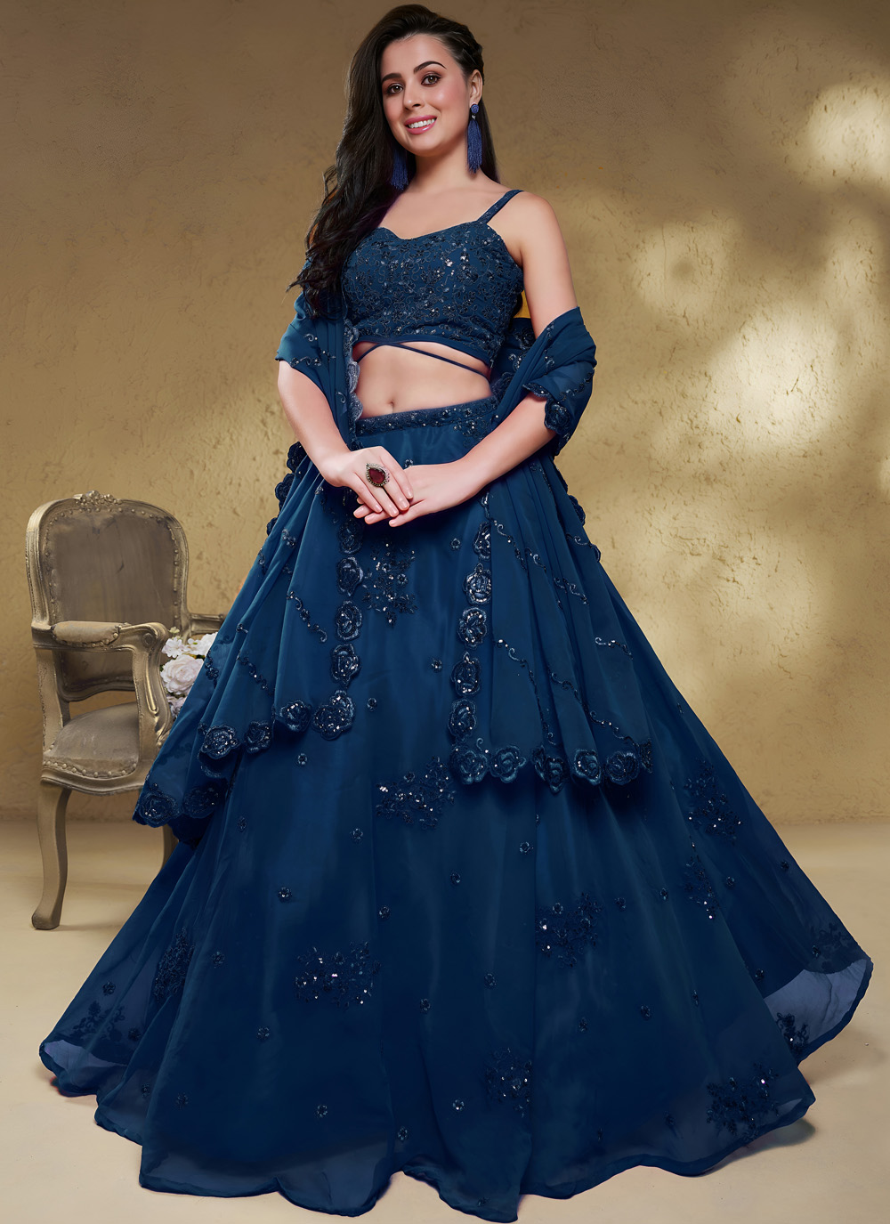 Georgette Blue Zari Dori Work Trendy Lehenga Choli - Buy Online