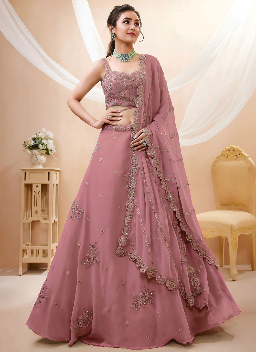 Peach Sequins Embroidered Georgette Designer Lehenga Choli - Buy Online