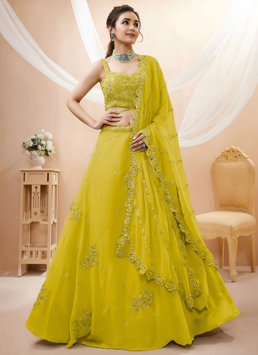 Yellow Georgette Embroidered Lehenga Choli for Ceremonial - Buy Online