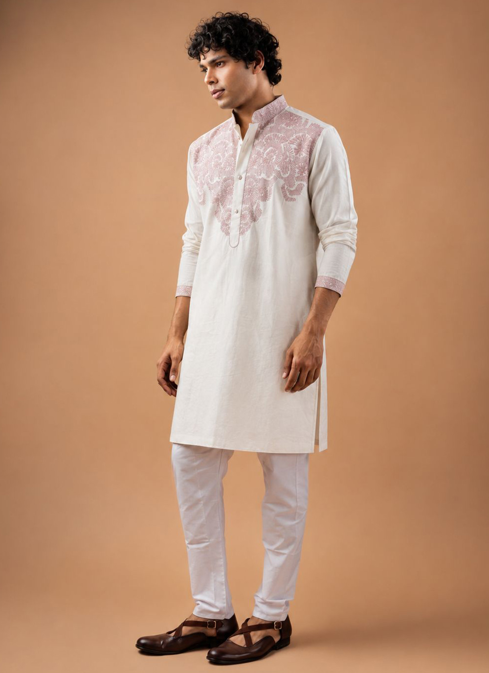 Viscose Silk White Embroidered Kurta Pyjama Mens Wear - Buy Online