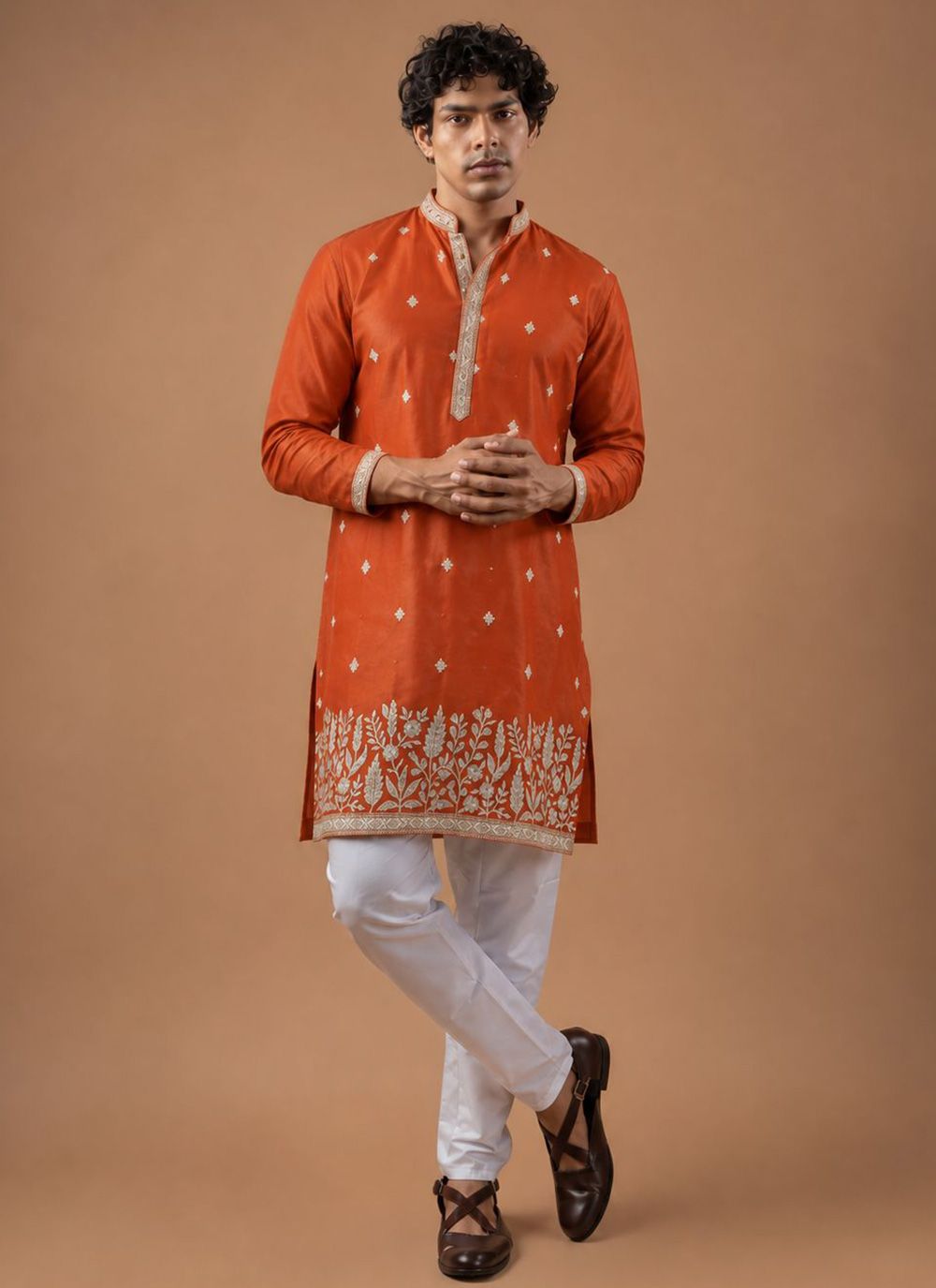 Viscose Silk Embroidered Orange Kurta Pyjama for Men - Buy Online