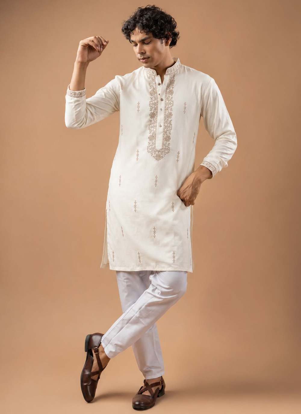 White Viscose Silk Kurta Pyjama for Engagement - Buy Online