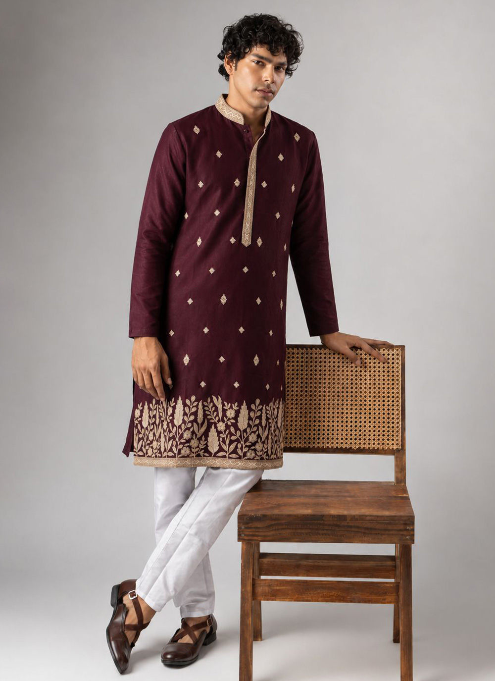 Wine Embroidered Silk Ceremonial Kurta Pyjama - Buy Online