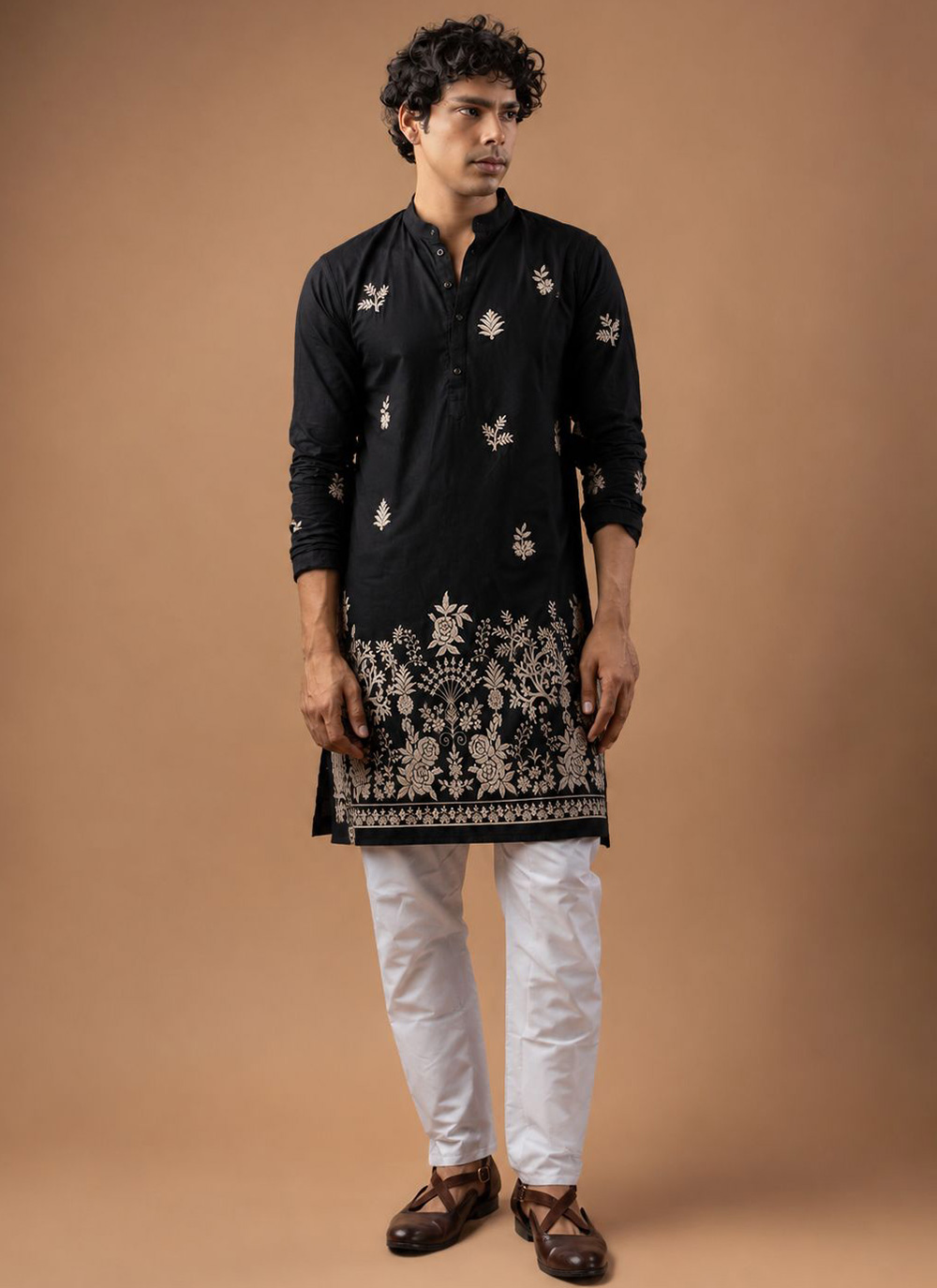Viscose Silk Embroidered Kurta Pyjama in Black - Buy Online