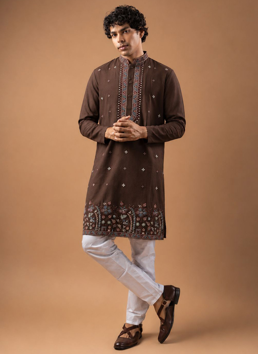 Silk Brown Embroidered Festival Kurta Pyjama - Buy Online