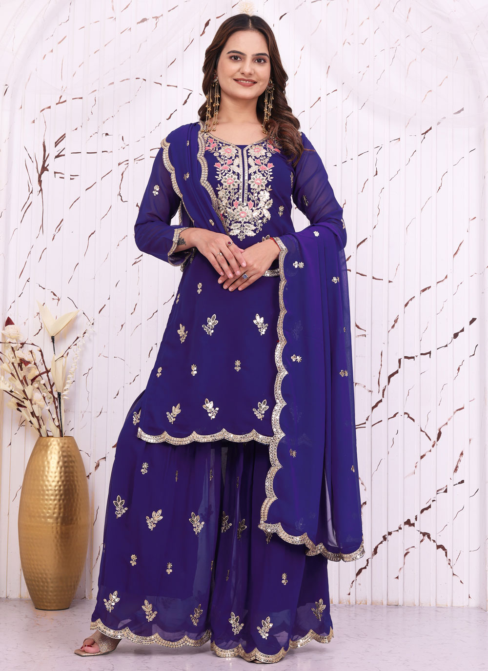Purple Faux Georgette Embroidered Palazzo Salwar Suit - Buy Online