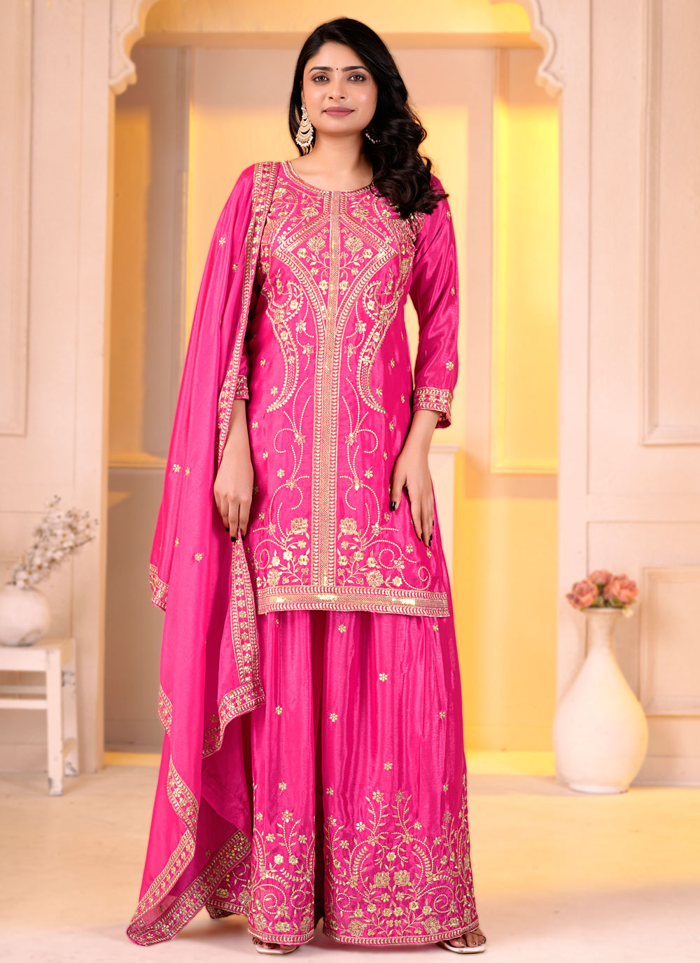 Chinon Pink Sequins Work Readymade Salwar Kameez - Buy Online