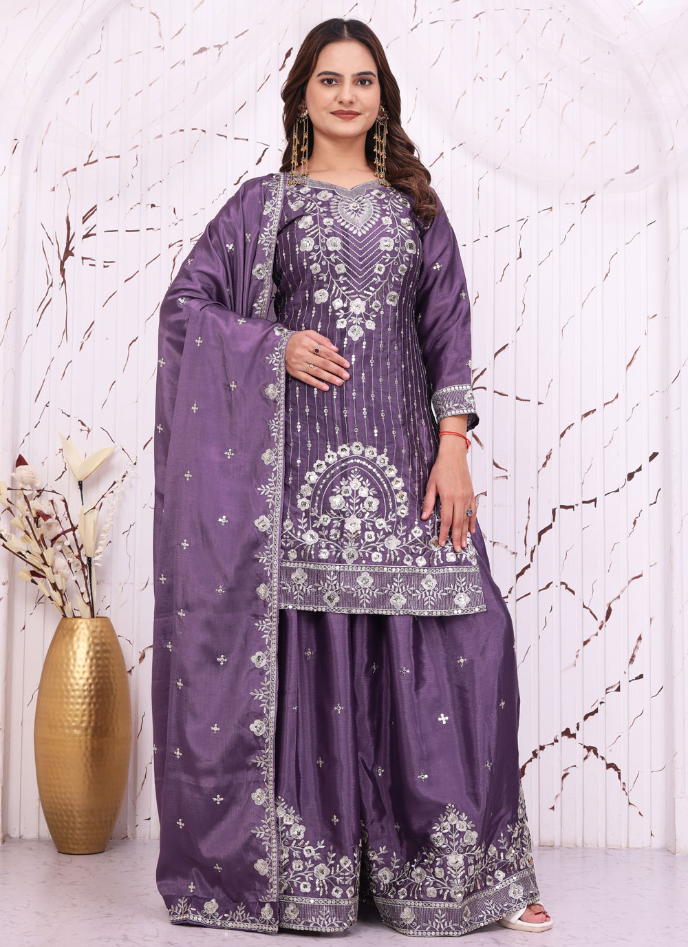 Lavender Embroidered Chinon Trendy Salwar Suit for Festival - Buy Online