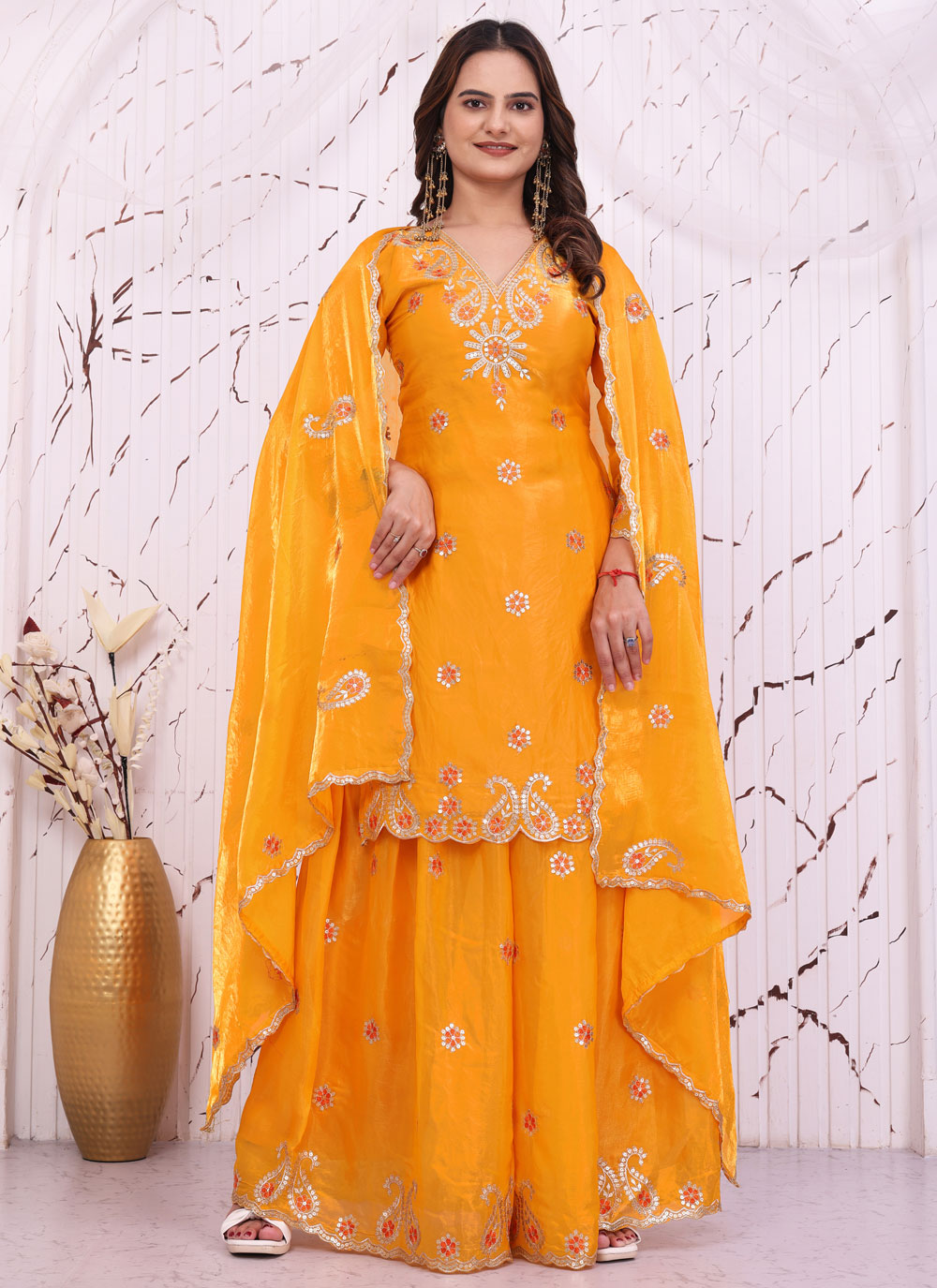Yellow Fandy Sequins Embroidered Ceremonial Salwar Kameez - Buy Online