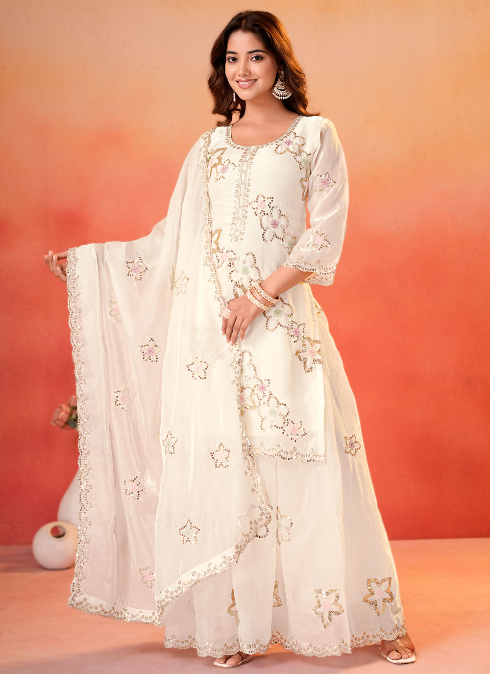 Fandy Silk Off White Sequins Work Readymade Salwar Suit - Buy Online