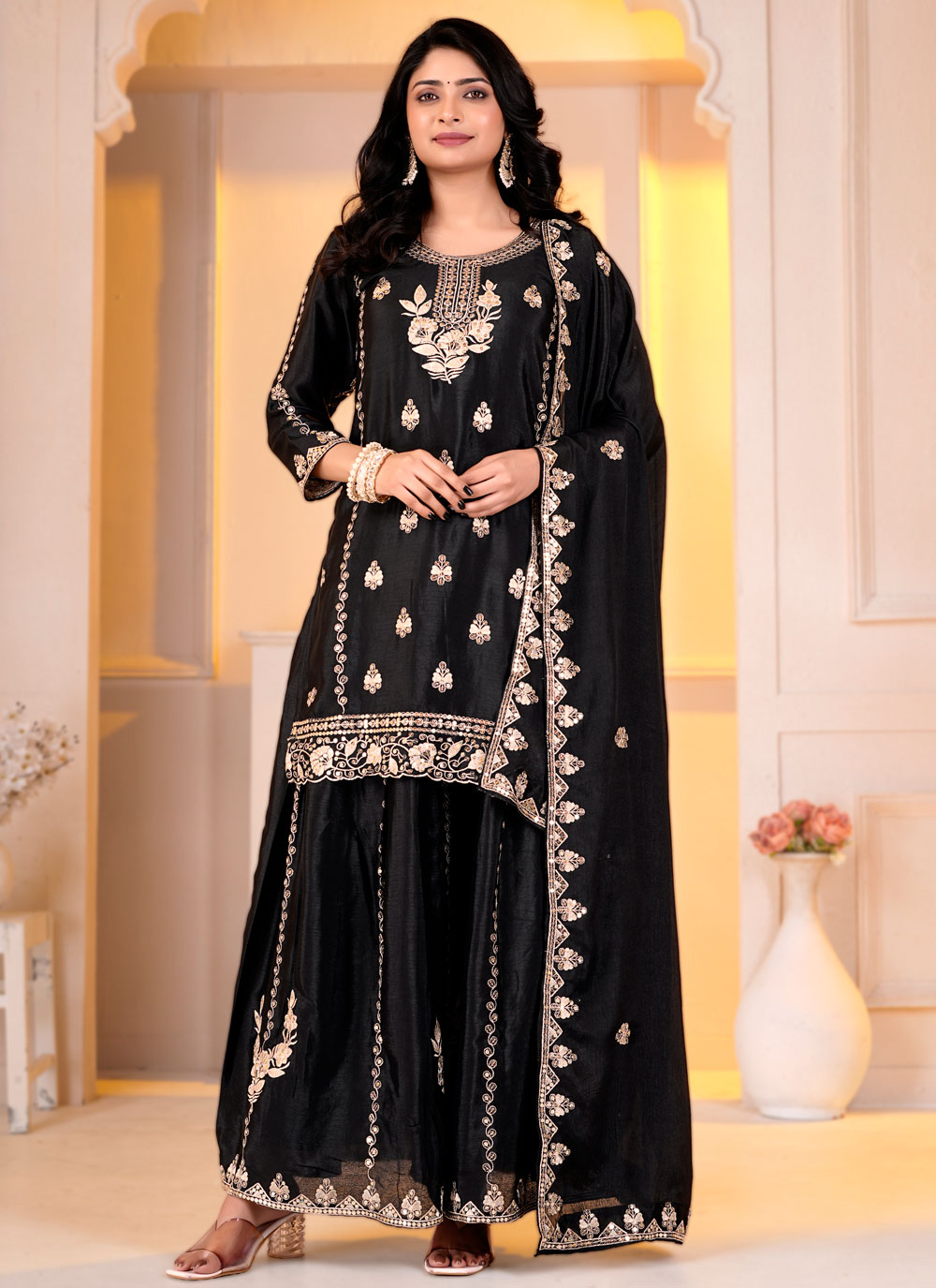 Chinon Embroidered Black Party Wear Salwar Kameez - Buy Online