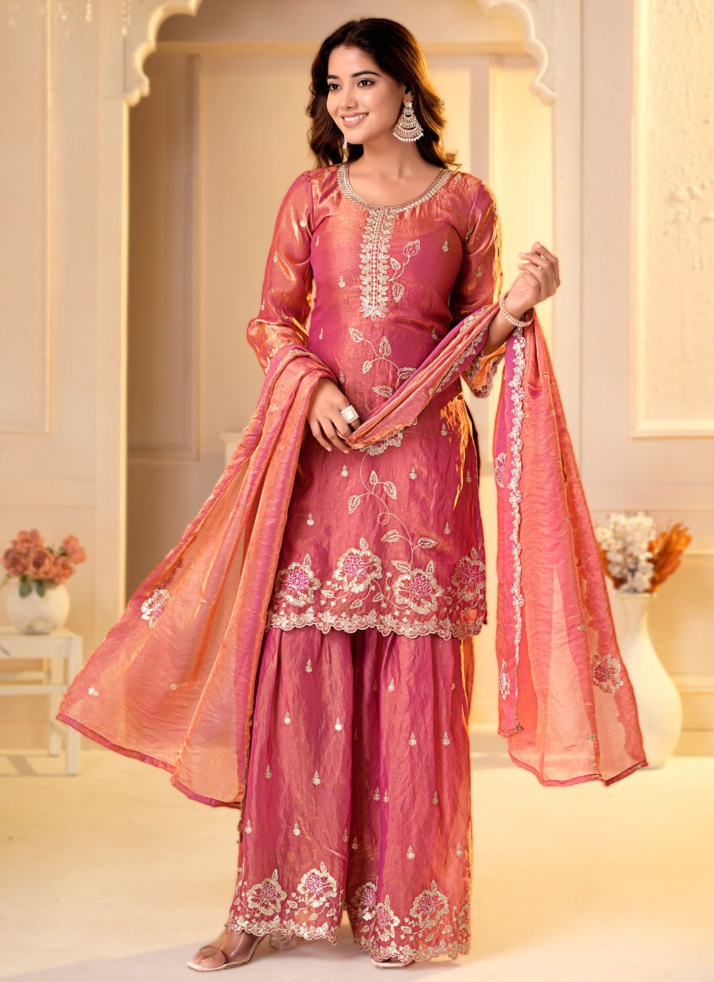 Pink Fandy Silk Sequins Embroidered Palazzo Salwar Suit - Buy Online
