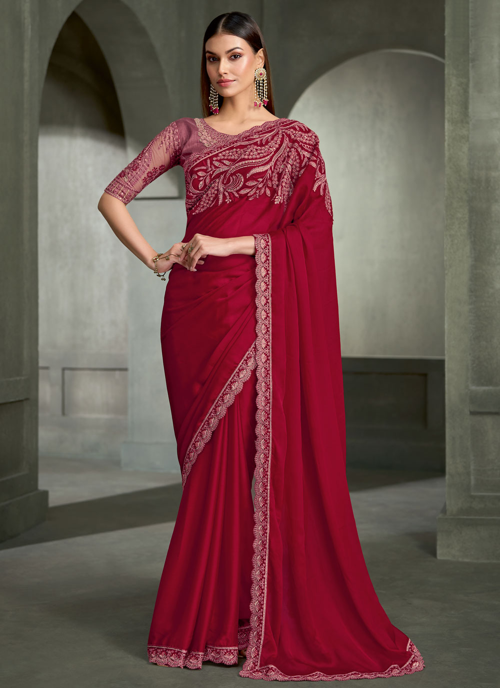 Maroon Satin Silk Border Embroidered Designer Wedding Saree - Buy Online