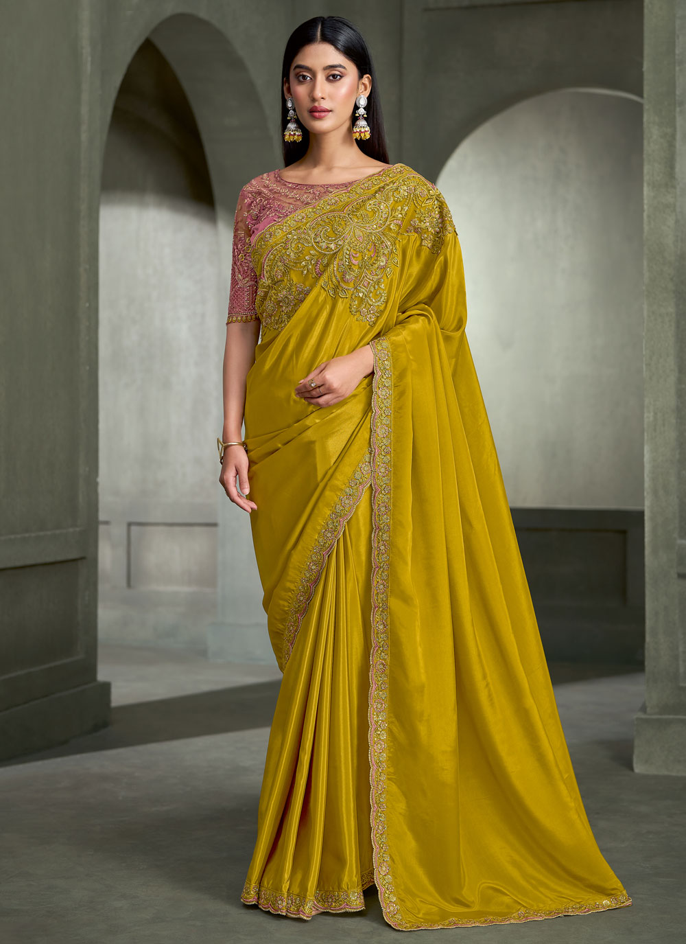 Crepe Silk Mustard Sequins Embroidered Trendy Saree - Buy Online