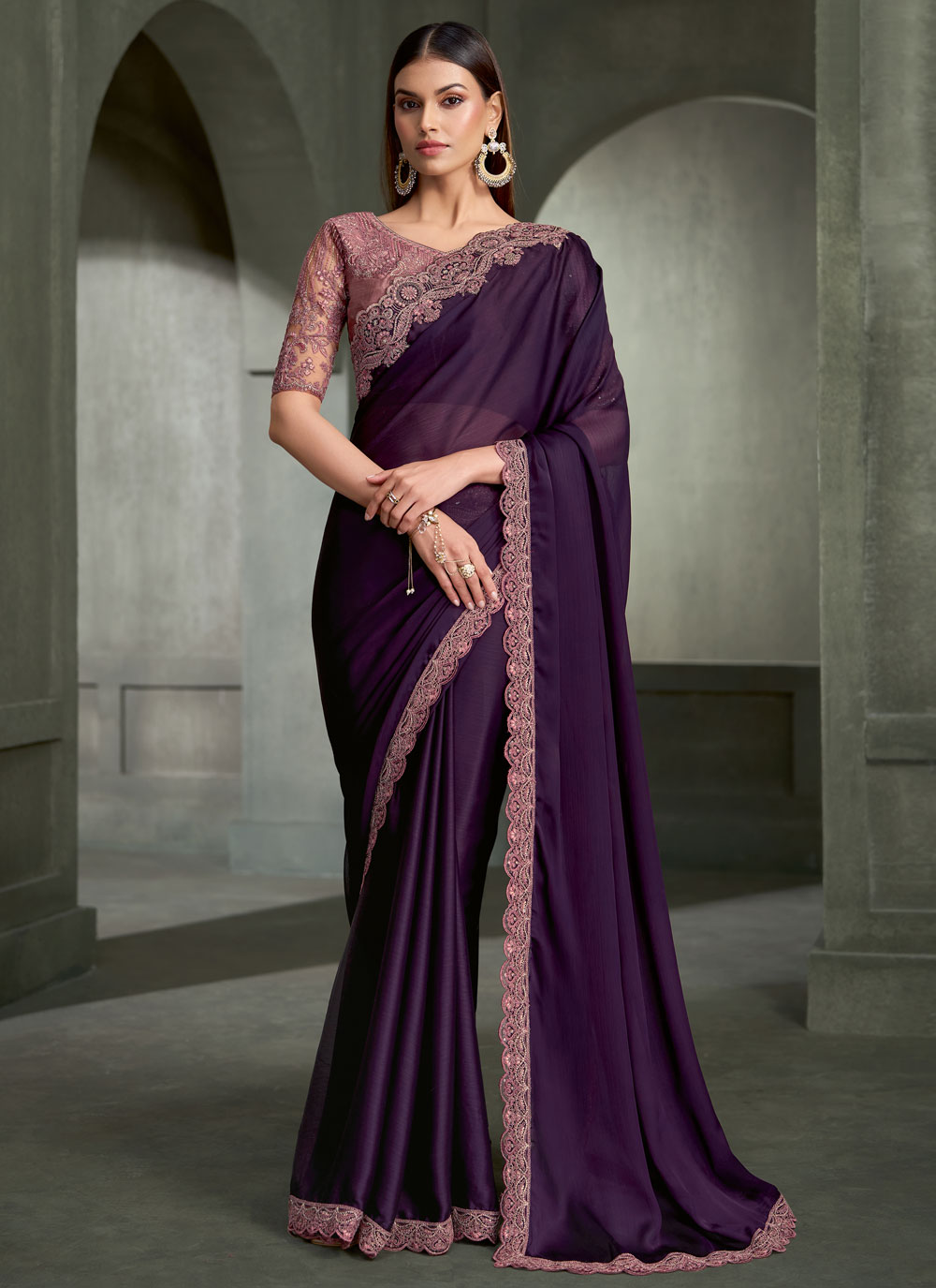Satin Silk Chiffon Purple Border Work Traditional Saree - Buy Online