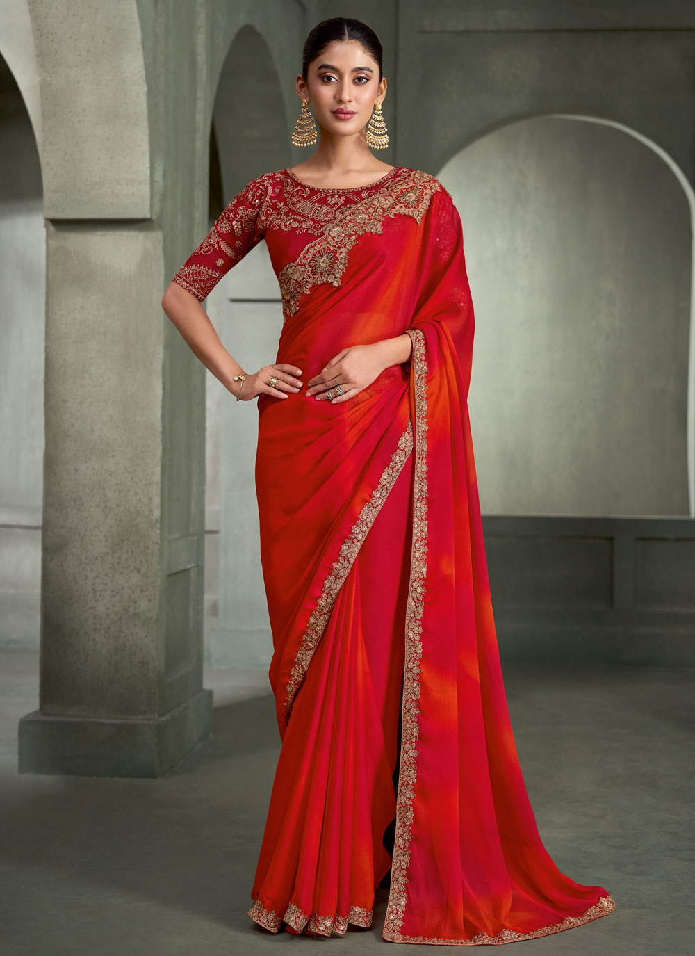 Red and Orange Chiffon Sequins Thread Classic Engagement Saree - Buy Online