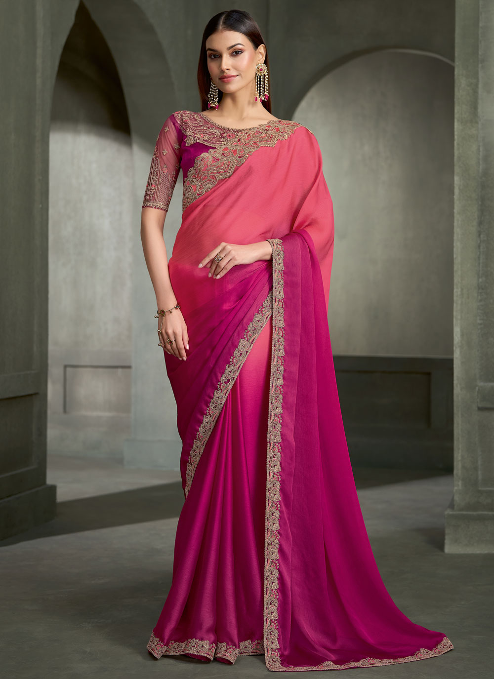 Pink Border Embroidered Satin Chiffon Shaded Saree - Buy Online