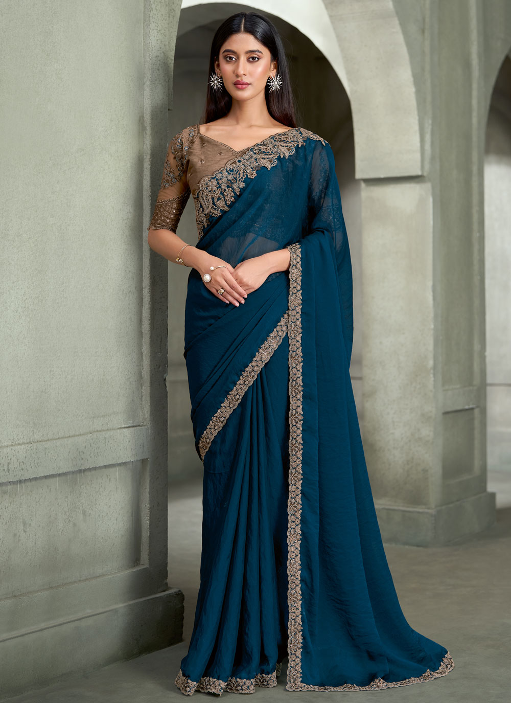 Georgette Sequins Border Work Reception Saree in Teal - Buy Online