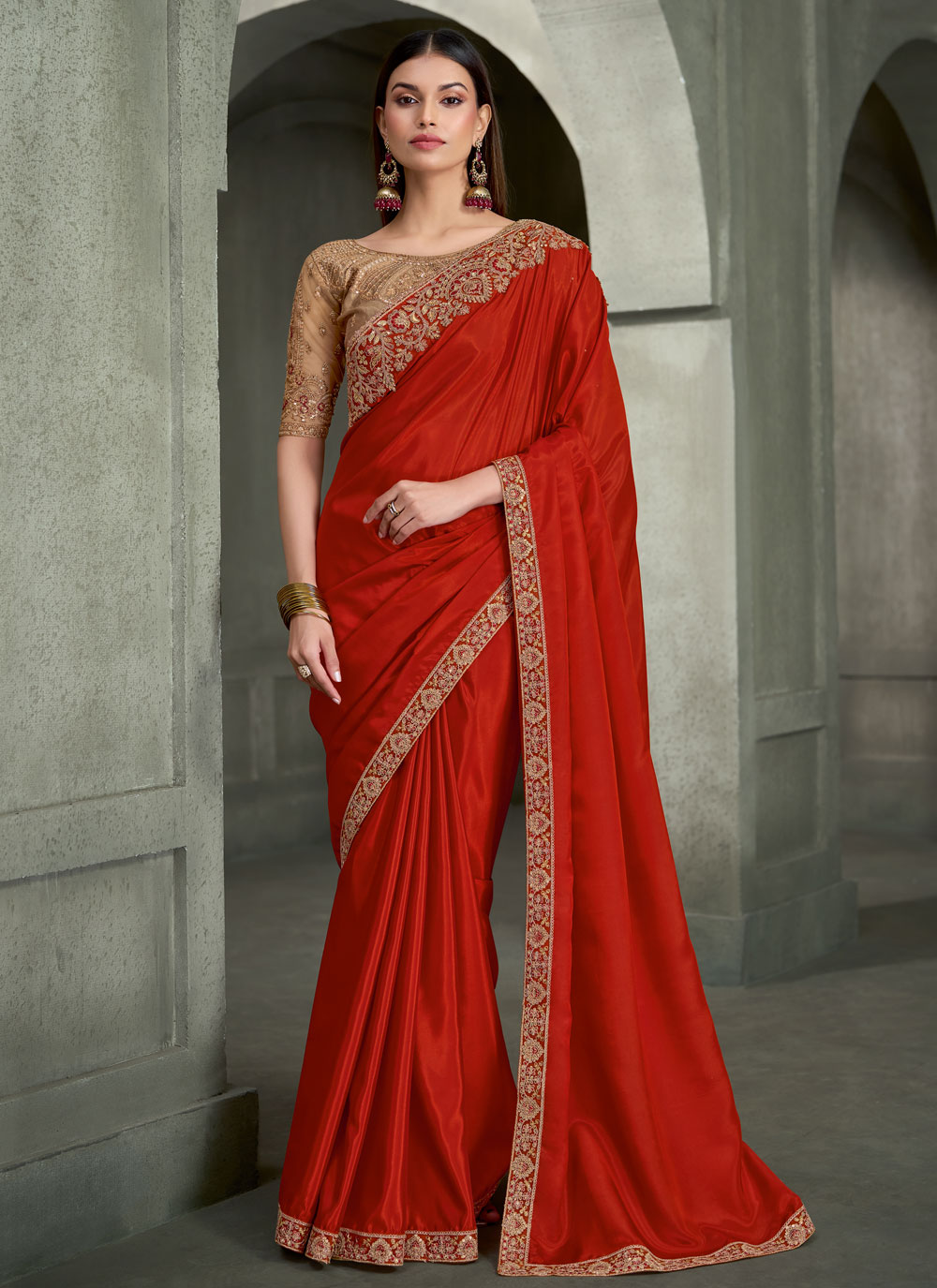 Crepe Silk Embroidered Orange Contemporary Saree - Buy Online