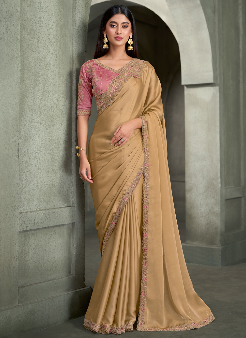 Cream Georgette Satin Sequins Border Traditional Saree - Buy Online
