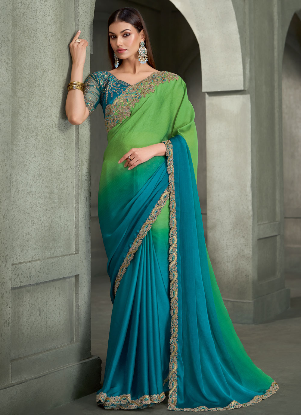 Satin Chiffon Green and Turquoise Designer Engagement Saree - Buy Online