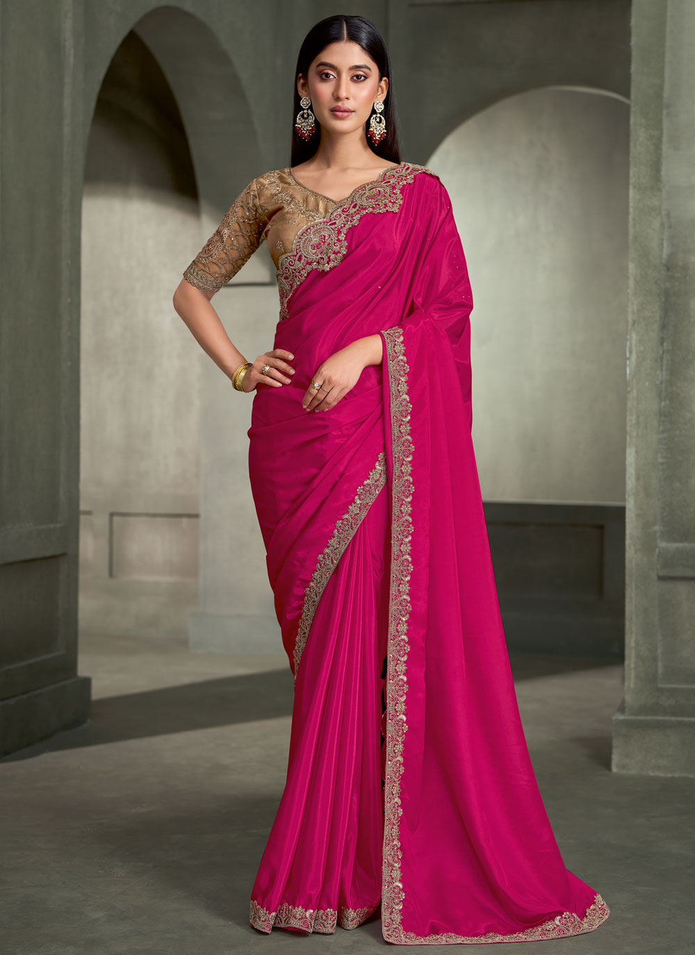 Crepe Silk Border Embroidered Trendy Saree in Rani Colour - Buy Online