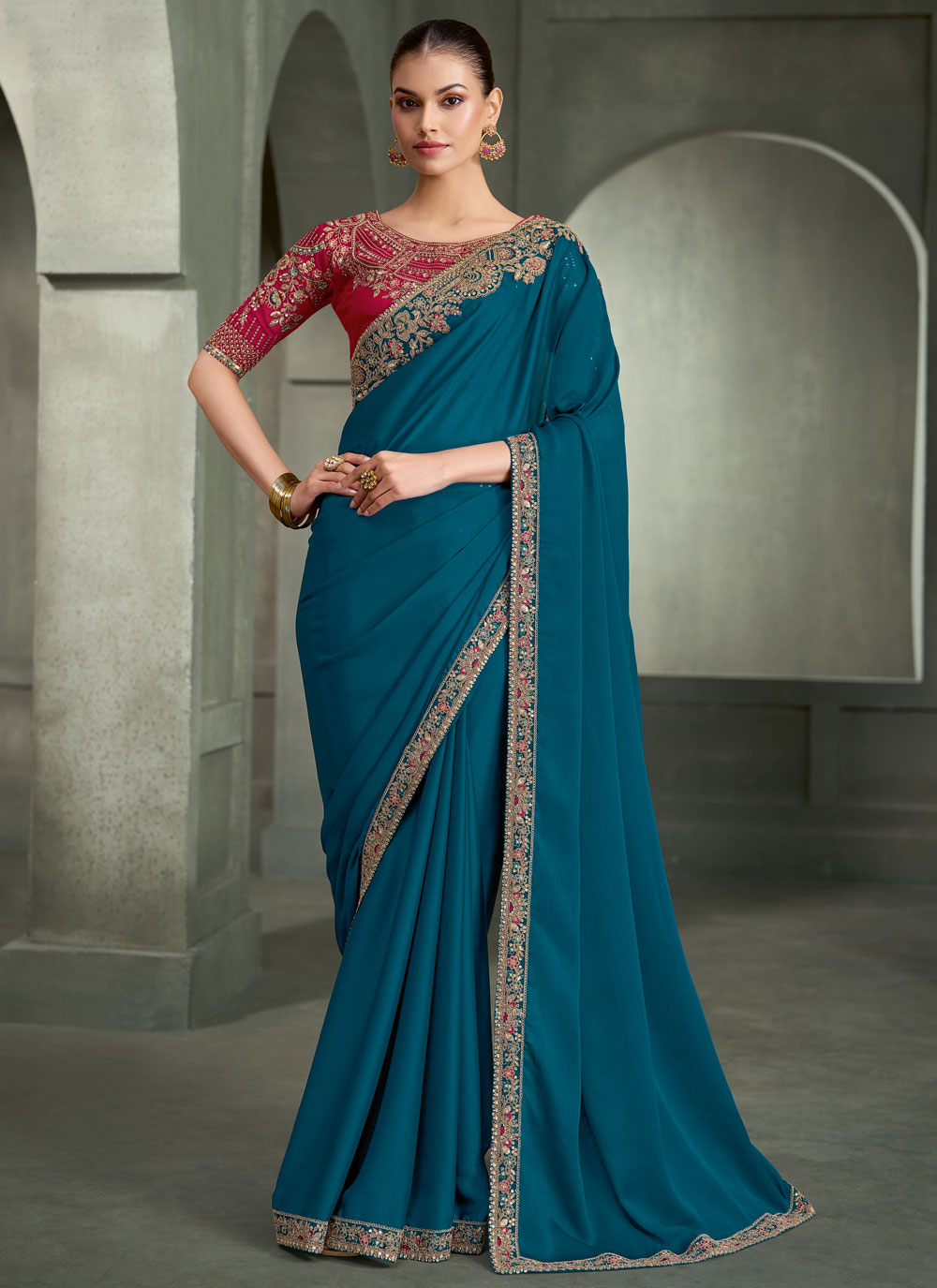 Teal Sequins Thread Border Crepe Silk Classic Saree - Buy Online