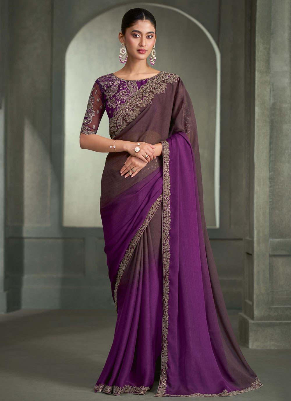Chiffon Purple Embroidered Saree for Reception - Buy Online