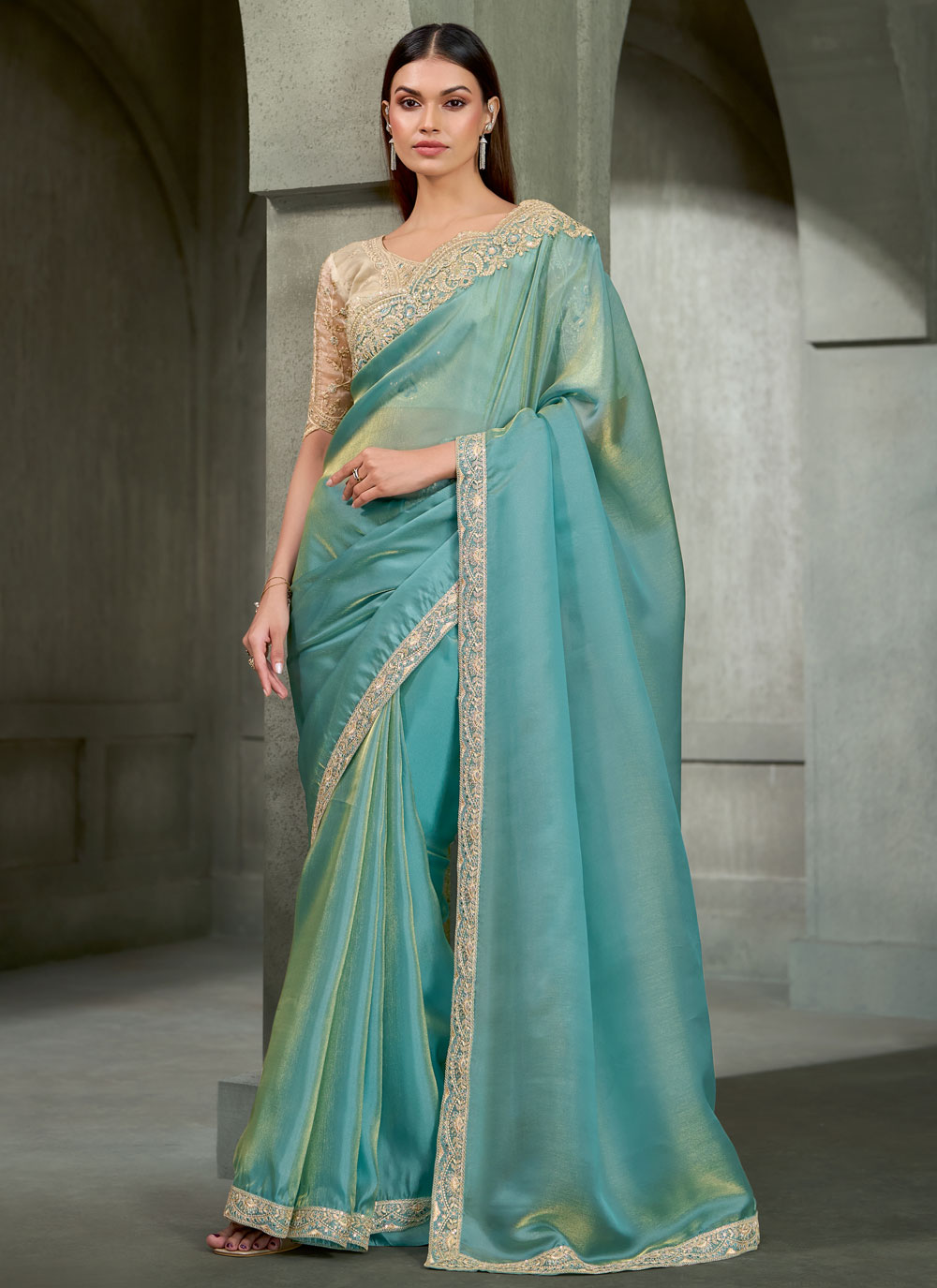Sea Green Tissue Silk Sequins Border Classic Saree - Buy Online
