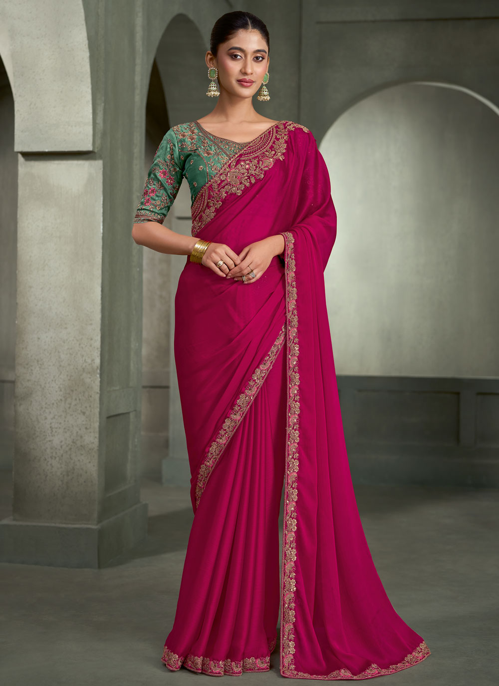 Chiffon Satin Pink Border Embroidered Ceremonial Saree - Buy Online