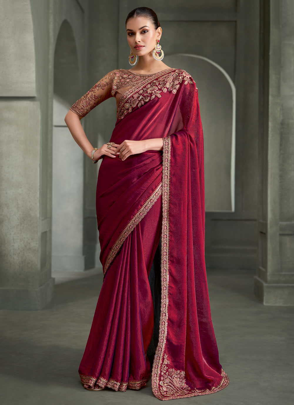 Tissue Satin Silk Border Sequins Work Wine Designer Saree - Buy Online