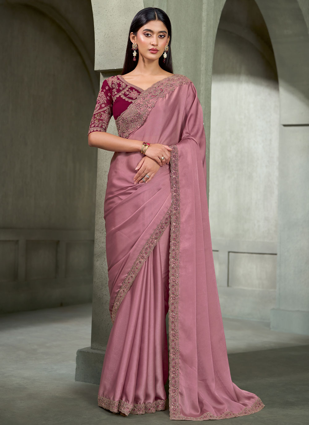 Pink Border Work Satin Georgette Festival Trendy Saree - Buy Online