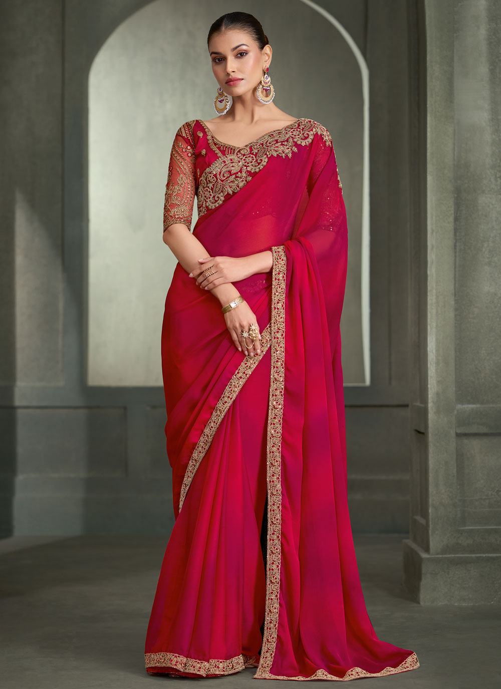 Red and Pink Embroidered Chiffon Saree for Wedding Function - Buy Online