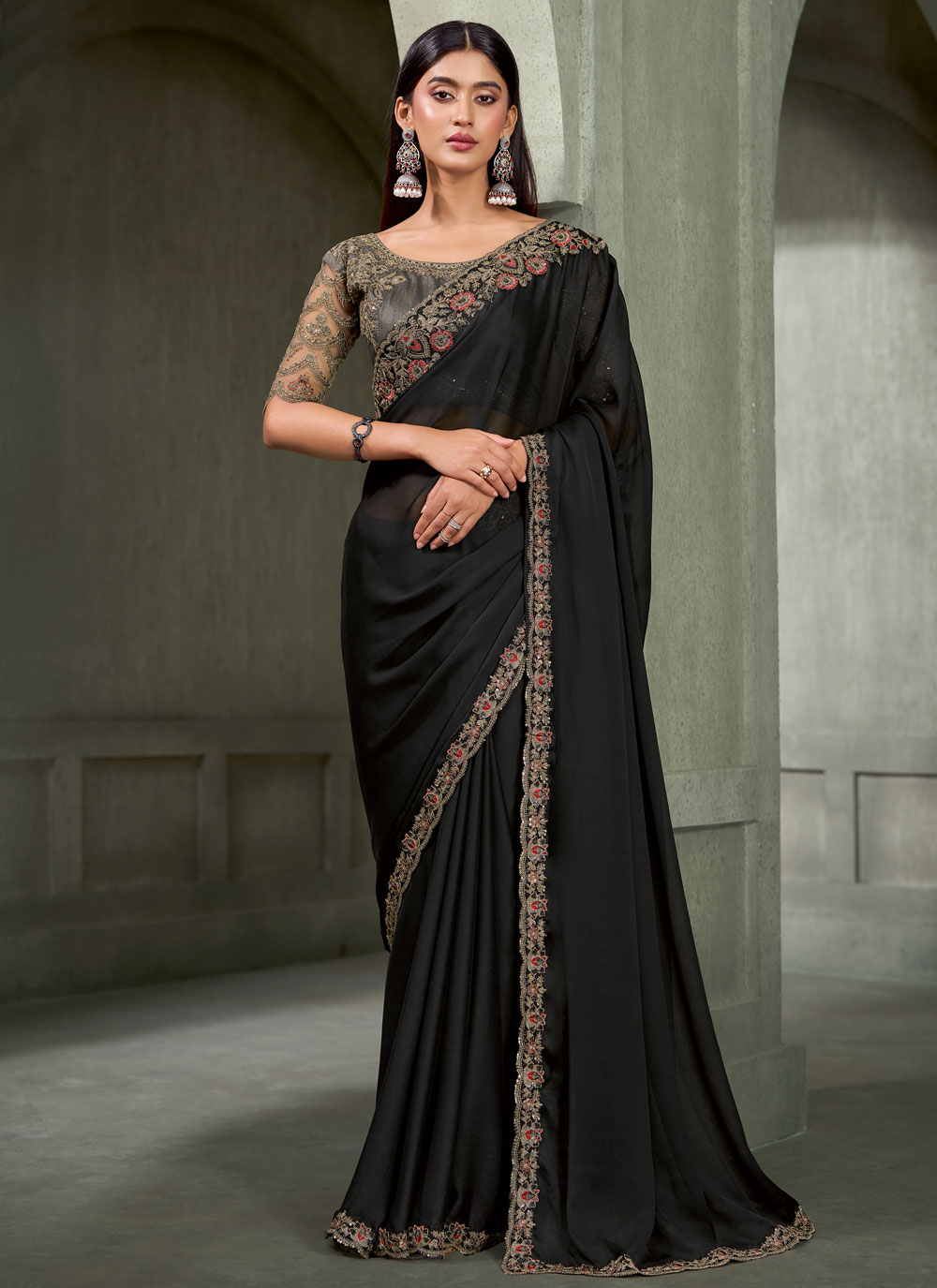 Border Embroidered Chiffon Black Designer Saree - Buy Online