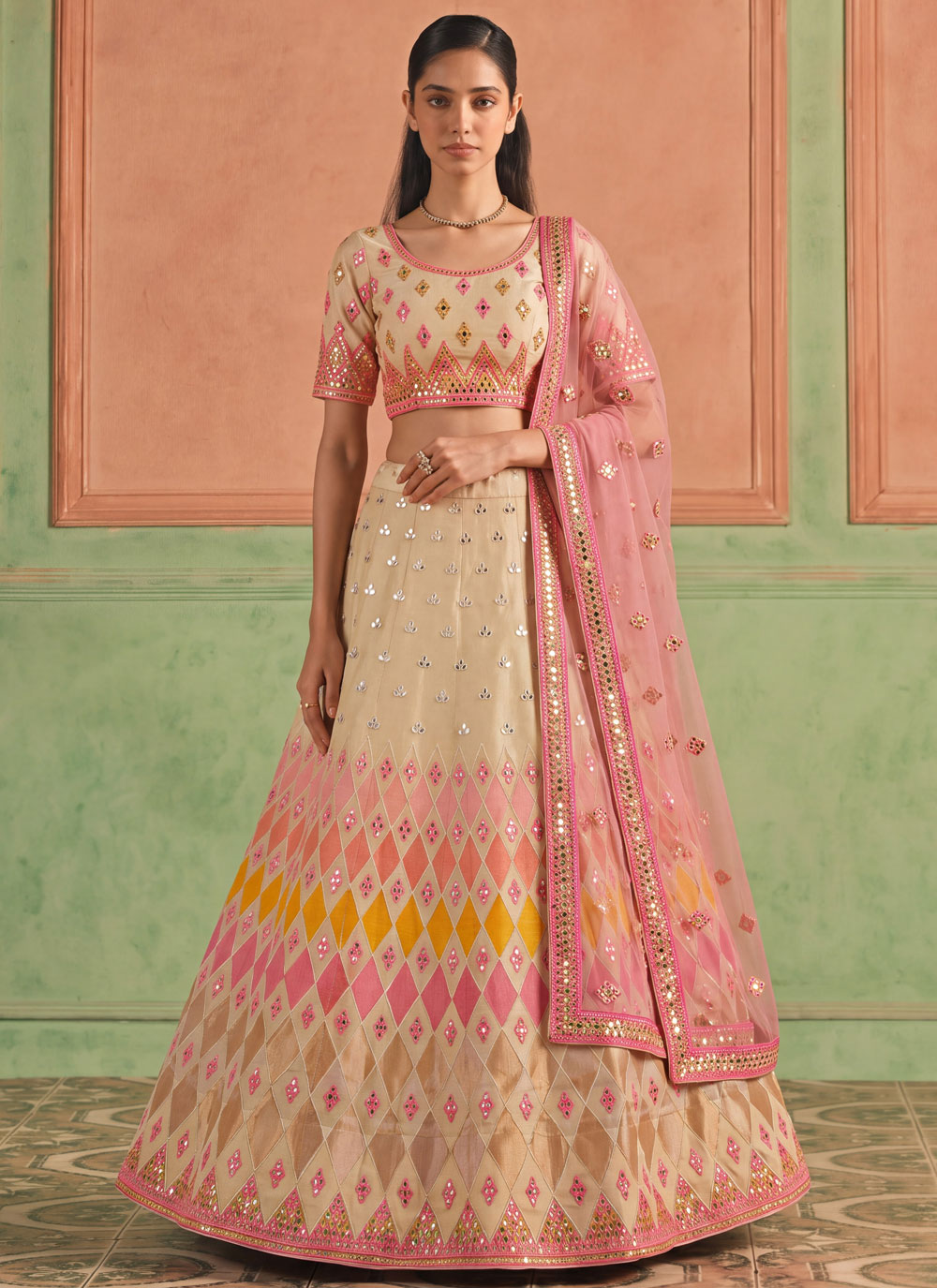 Beige Embroidered Mirror Work Organza Lehenga Choli - Buy Online