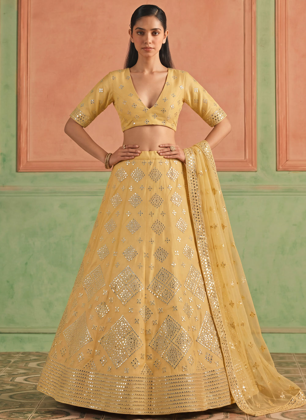 Yellow Mirror Work Organza Haldi Function Lehenga Choli - Buy Online