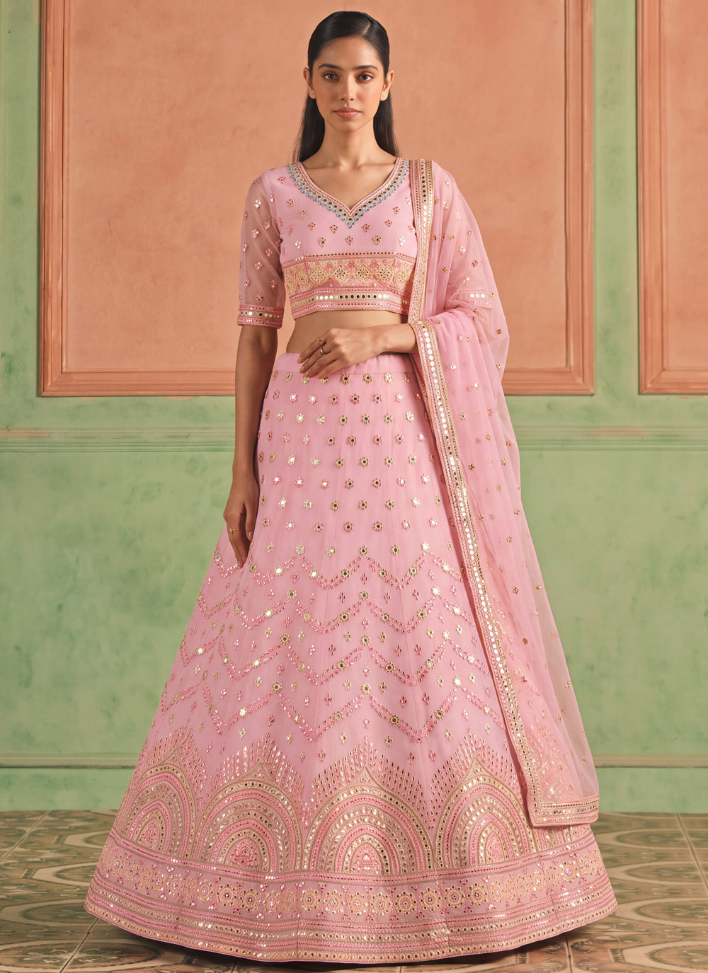 Embroidered Mirror Pink Organza Trendy Lehenga Choli - Buy Online