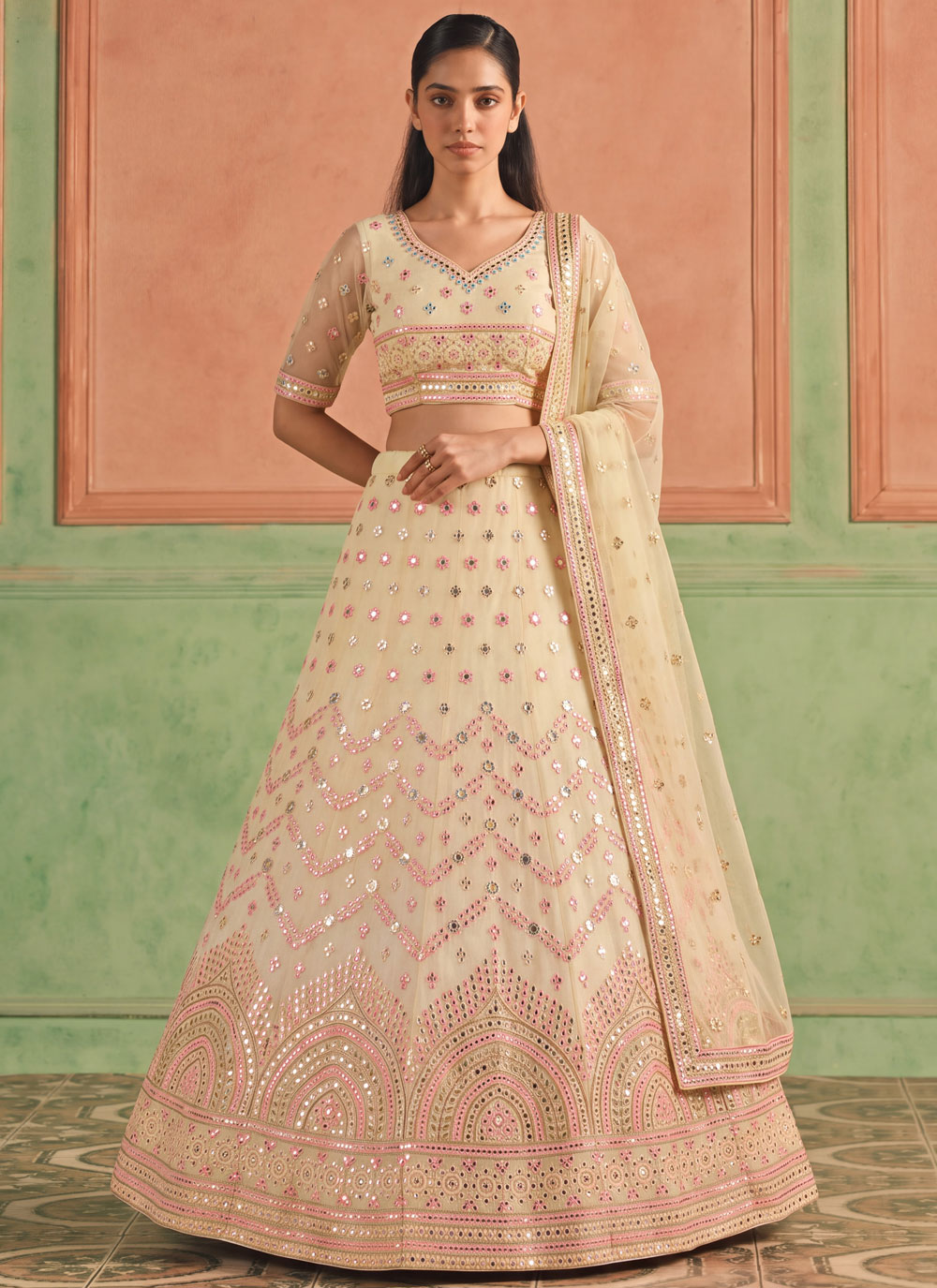 Organza Mirror Embroidered Yellow Ceremonial Lehenga Choli - Buy Online