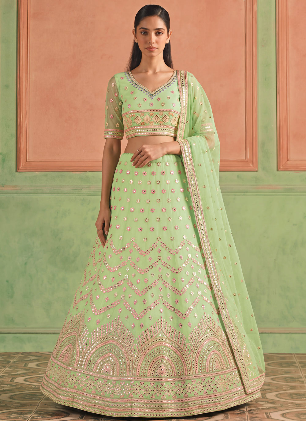 Green Organza Mirror Work Wedding Lehenga Choli - Buy Online