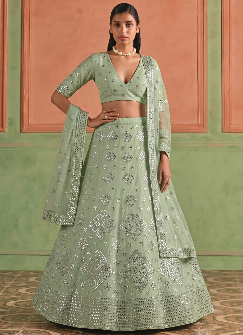 Embroidered Mirror Organza Sea Green Designer Lehenga Choli - Buy Online